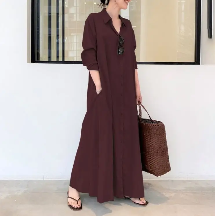 2022 New Style for Women Spring Autumn Shirt Dress Pure Color Long Sleeve Pocket Button Muslim Simple Loose Casual Long Dress