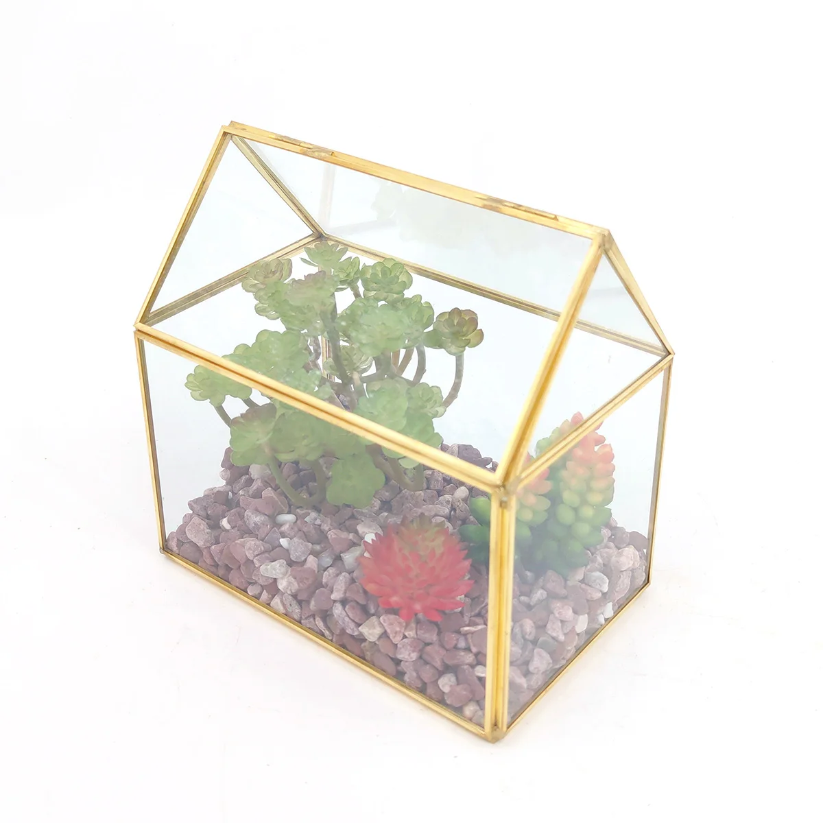 House shape gold glass indoor tabletop greenhouse terrarium plants decoration with lid wholesale