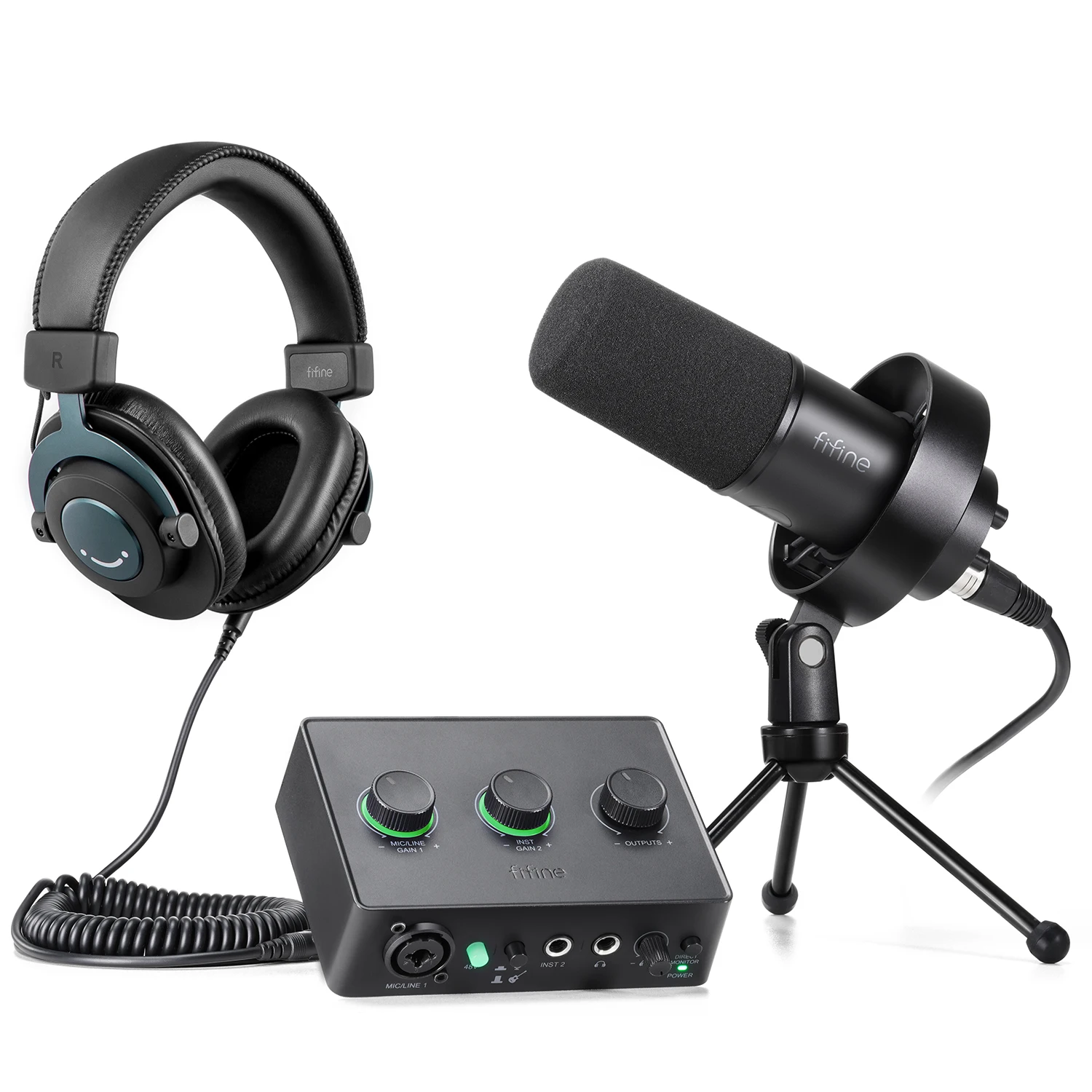 Fifine KSH2 Set Podcast XLR, mikrofon dinamis antarmuka Audio USB rekaman  kartu suara Studio Audio Monitor kartu suara Headphone