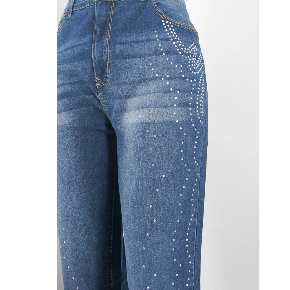 Plus Size Studded Cuffed Women's Jeans Trendy High Waist Loose Fit Denim Pants Fashion Casual Plus Size Trousers