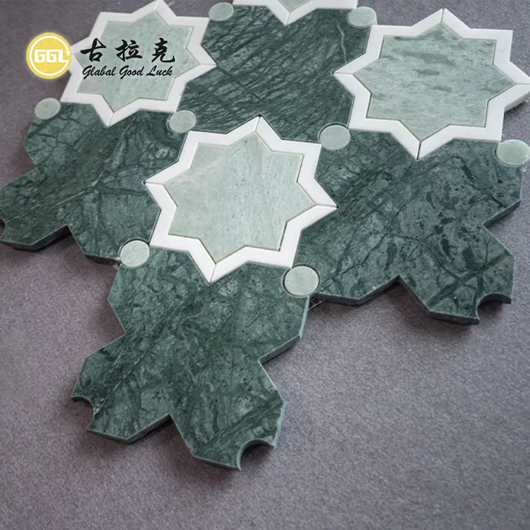 Modern Customized Flower Shape Green Stone Mosaic Wall Floor Tile Waterjet Marble Mosaics