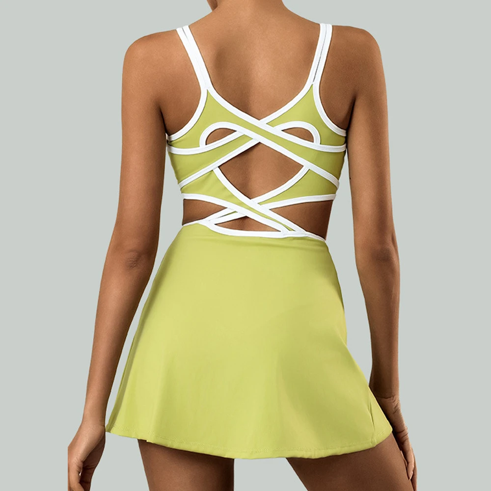 Sport Powerista Women'S Daily Fitness Sleeveless Backless Trim Sports Dress Tennis Dress Contrast Waist Green Workout Dress Sport Powerista Women'S Daily Fitness Sleeveless Backless Trim Sports Dress Tennis Dress Contrast Waist Green Workout Dress