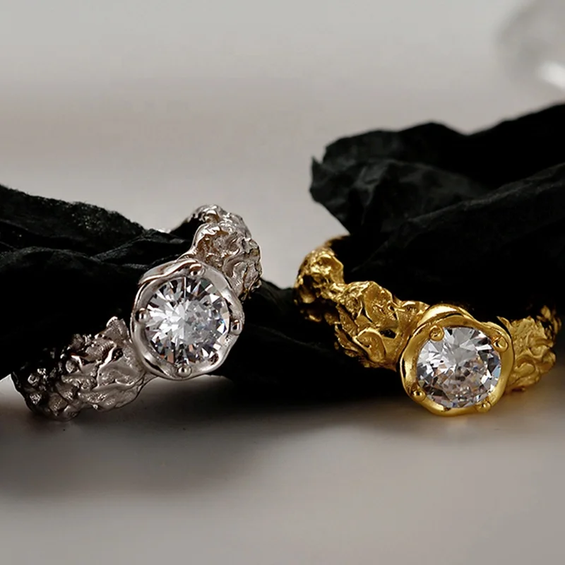 ICEBELA Fashion Tin Foil Diamond-inlaid Opening Irregular Concave Convex Texture Fine Jewelry 925 Silver Unique Adjustable Rings