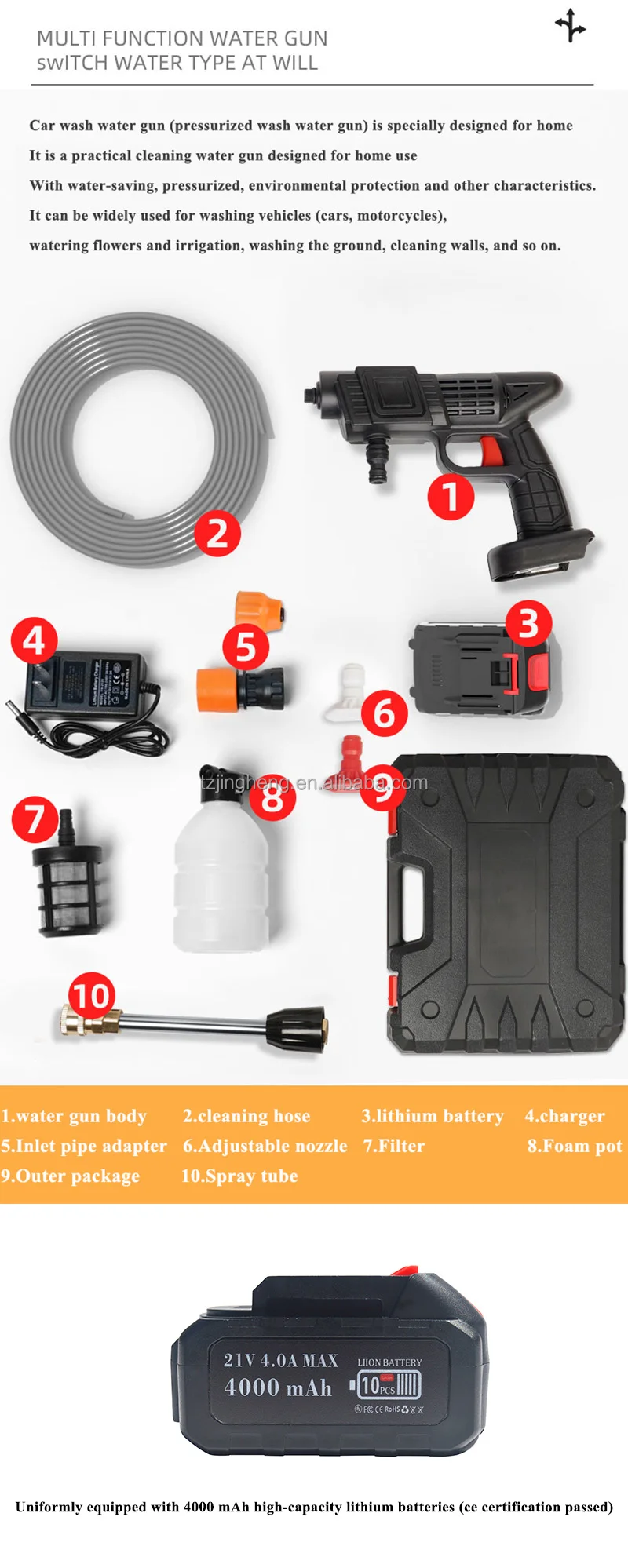 Cordless Washer Electric Car Washer High Pressure Cleaner 21v Car Wash Water Gun Spray Gun Hose High Pressure Cleaning Guns