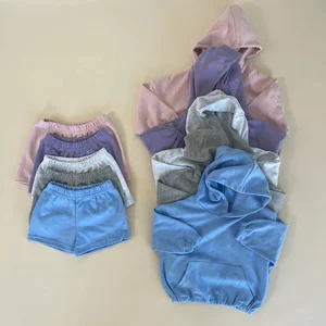 Wholesale Casual Knit 100% Cotton Blank Solid Hoodie Shorts Custom Tracksuit for Kids Boys Girls Clothing