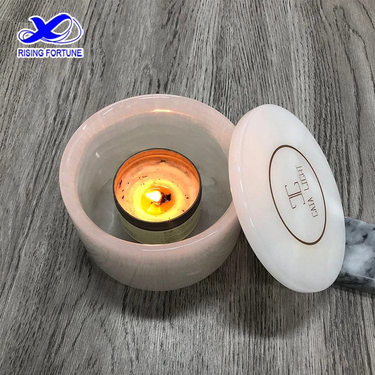 Luxury White Onyx Candle Holders With Lid Marble Stone Onyx Candle Jar