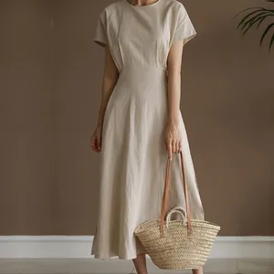 Custom High Quality Natural Casual Spring Summer Short Sleeve O-neck Midi Linen Dresses for Women