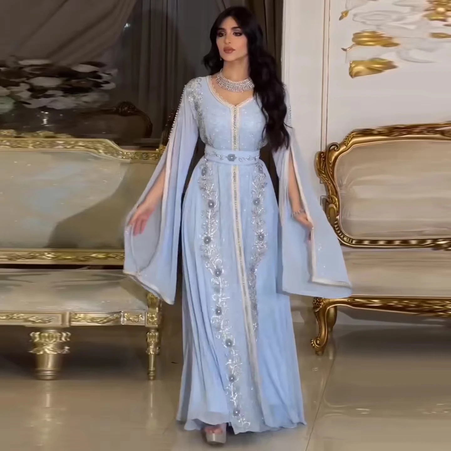 Luxury Dubai Moroccan Kaftan Blue Evening Dresses for Women Wedding Party Elegant Long Sleeve Muslim Arabic Formal Dress Sz404 Luxury Dubai Moroccan Kaftan Blue Evening Dresses for Women Wedding Party Elegant Long Sleeve Muslim Arabic Formal Dress Sz404