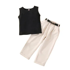 2022 Fashion Infant Kids Clothes Sets Solid Sleeveless Vest Tops High Waist Pants With Belt Girls Summer Clothing