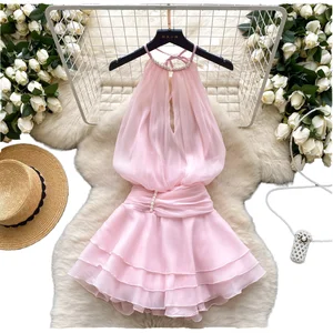 Customize Summer Y2K Halter Tunic Casual Midi Dress for Women Empire Beaded Ruffled Lace Sustainable Breathable Chiffon Woven