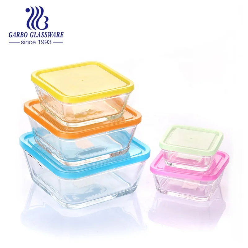 5pcs Food Fruit Home Kitchen Outdoors Lunch  Decaled Printing Plastic Lid Glass square Container Storage Box Glass Bowl Set