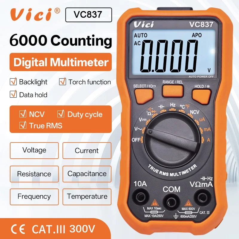 Vici VC837 Digital Multimeter - Max 6000 Digits LCD Tester for AC