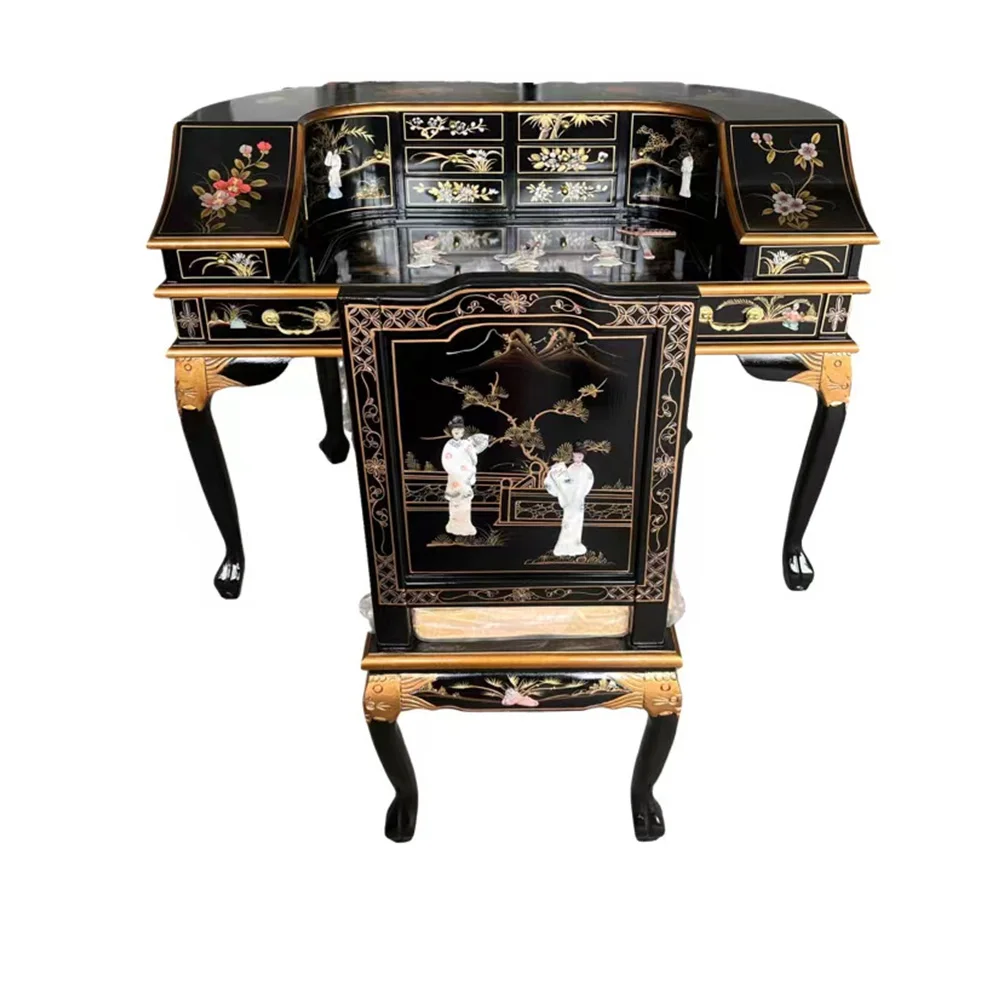 Solid Wood Makeup Table Vanities Set Multiple Drawers Gold Silver Foil Painted Flower Bird Design Includes Bedroom Apartment
