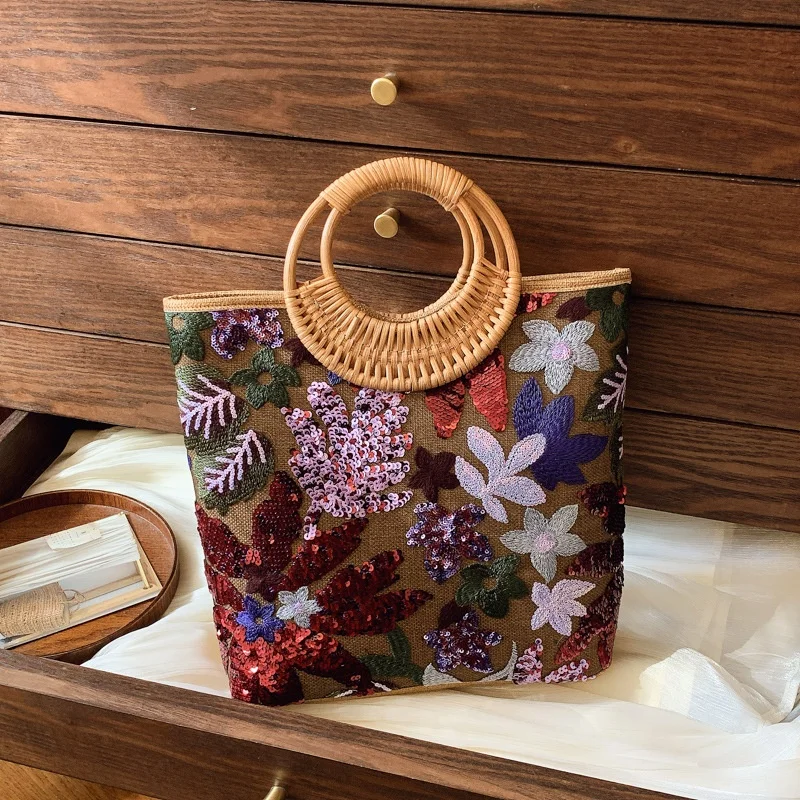 Ling Yu Cross-border Sequined PVC Zipper Tote Bag High-end Niche Embroidered Bamboo Women’s Large-capacity Fashionable Woven