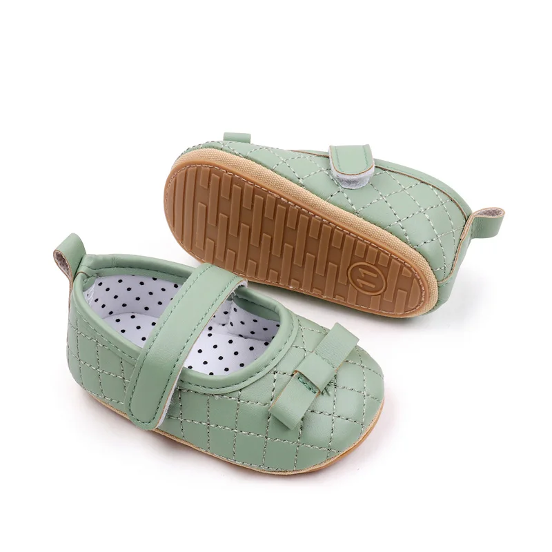 Spring & Summer Solid Color Plaid Bow Non-slip Soft-soled Baby Shoes for Girls details