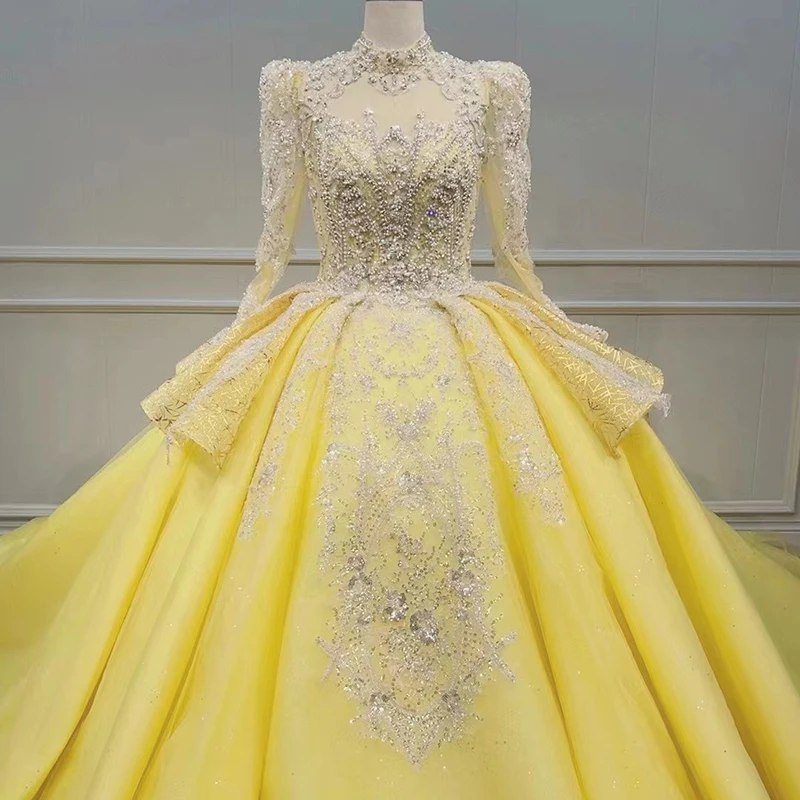 Glamorous Yellow Ball Gown Wedding Dress Sheer Layered Bridal Gown Plus  Size Train Tulle Wn029