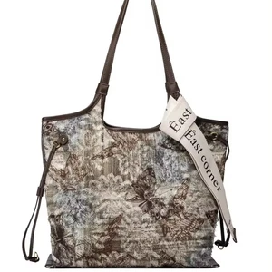 Women's Luxury Tote Purse High Quality PU Leather and Denim Large Capacity with Contrast Color Embroidery for Summer