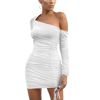 New Sexy Bodycon Stacked Pleated Dress Women Sexy Dresses Women Bodycon One Shoulder Mini Dress