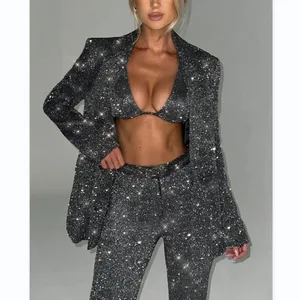 Birthday Evening Party Women'pants Sets Fashion Women's Shiny Suit Three-piece Sexy Long Sleeves Blazer Trousers Suit
