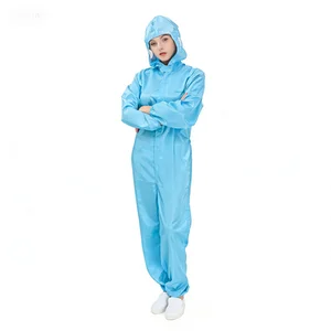 Reusable High-Tenacity Polyester Cleanroom Work Coverall Hood ESD Anti-Static Unisex Blue White Embossed Food Industry OEM