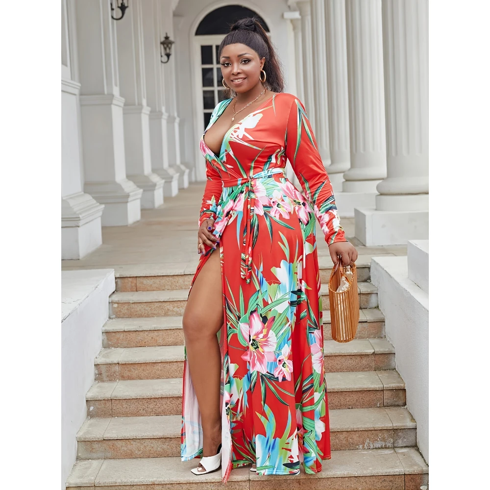 【新品未開封】piping color roomwear （ladies） Elegant Plus Size Maxi Dress with Deep V Neck & Floral Print