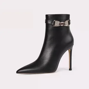 Black Pu Leather Boots Buckle Strap Pointy Stiletto Heel Women Winter Boots Women Ankle Boots