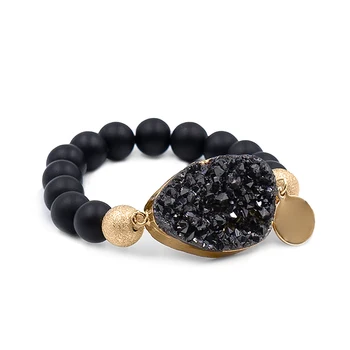 Boho Handmade Gemstone Jewelry,Beautiful Druzy Stone Connector With Natural Agate Stone 10mm Beads Stretch Bracelet