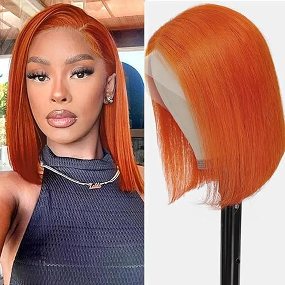 Ginger Orange Straight Short Bob Wigs 100% Human Hair Brazilain Remy_voghion.com