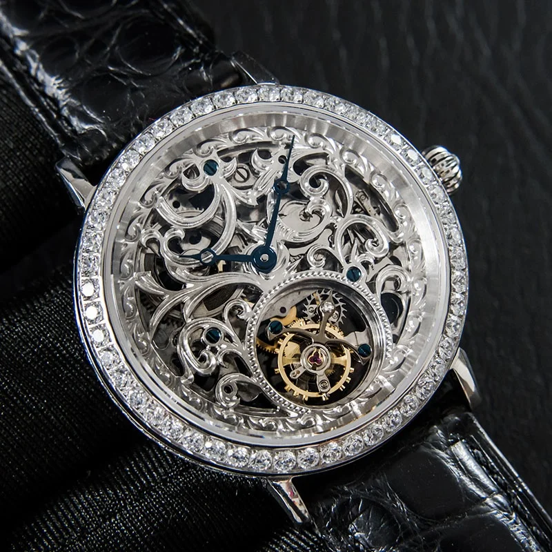 Free Ship Stock Luxury Carved Seagull 8000k Movement Skeleton Tourbillon Mechanical Diamond Sapphire Manual Winding Watch Man