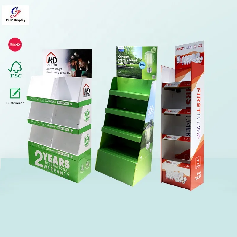 Customized Logo Print Pop up CYJ Paper Corrugated Floor Retail Display Stand Shelf for LED Light Bulb Product Cardboard Display