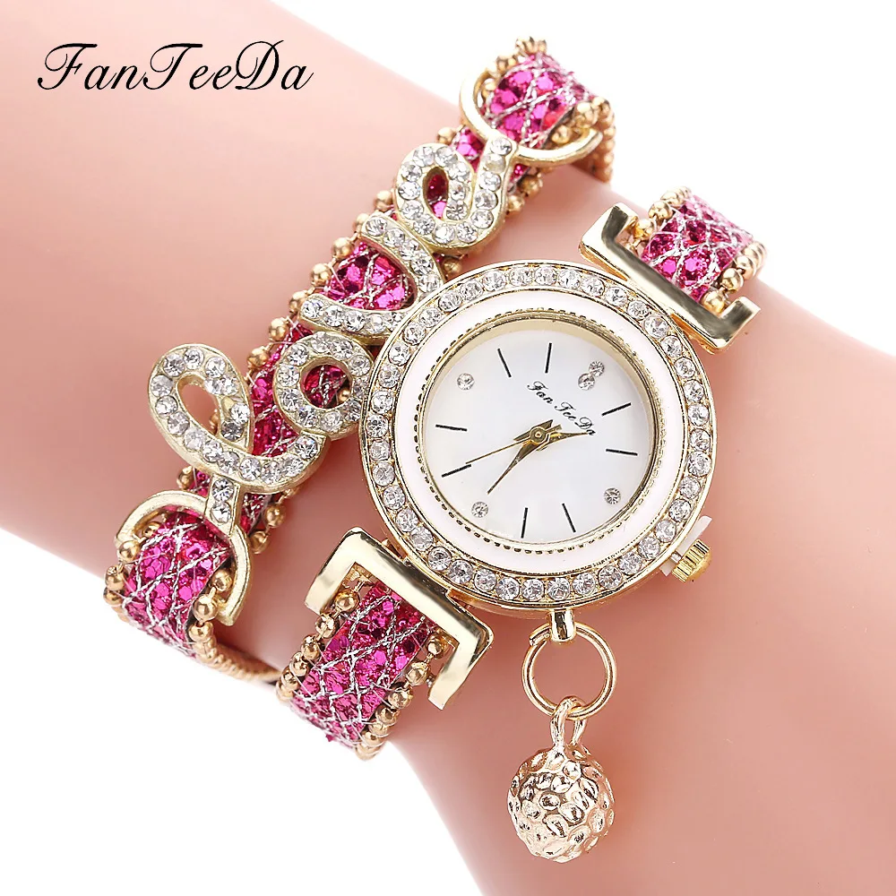 Women Bracelet Watches Ladies Love Leather Strap Rhinestone Quartz Wrist Watch Luxury Fashion Quartz Watch