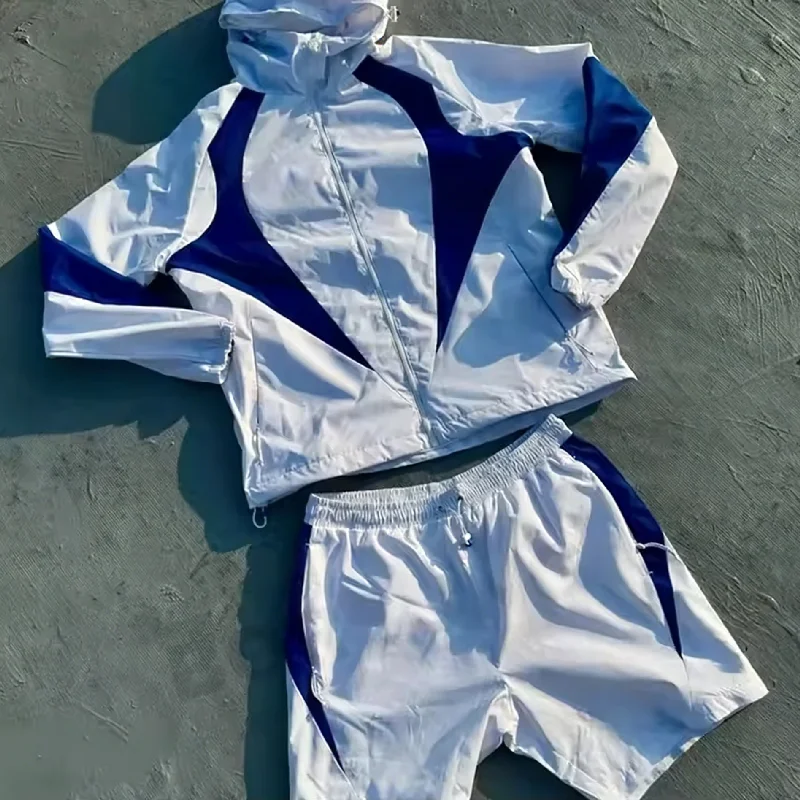 Wholesale Oem Waterproof Track Suits Mens Color Blocked Polyester Nylon Jacket and Shorts Windbreaker Set Manufacturers for Men gallery 2