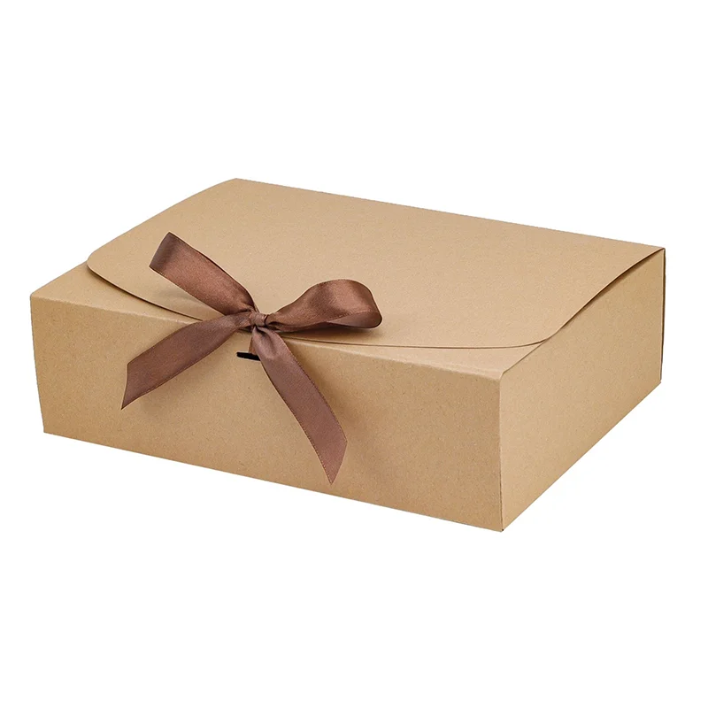 Egendesignet gullfolie-trykket brettbar kraftpapir-gavepakkeboks med sløyfe og logo, myk boks for stearinlys eller lommebok