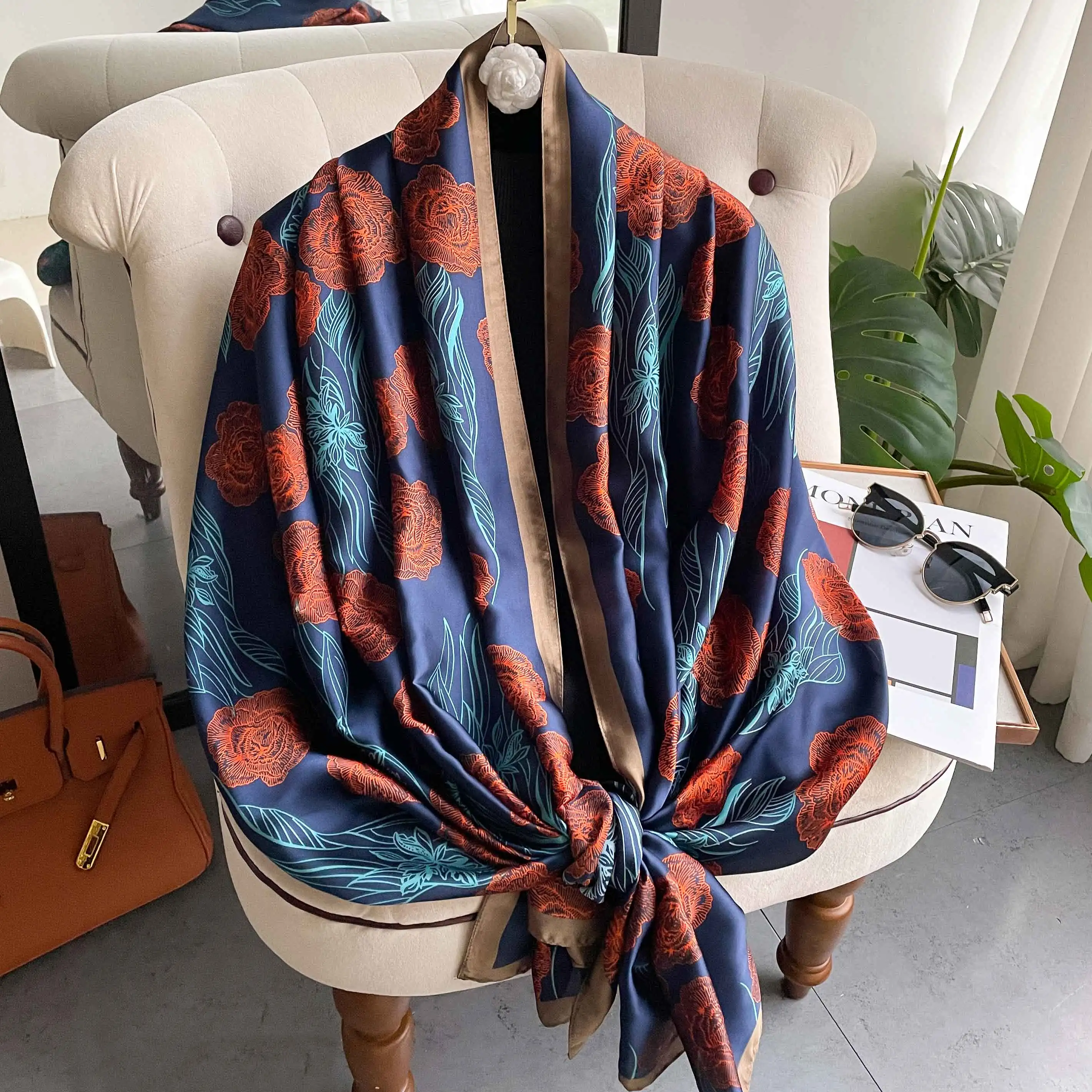 Designer Silk Scarf for Women Autumn Pashmina Luxury Brand