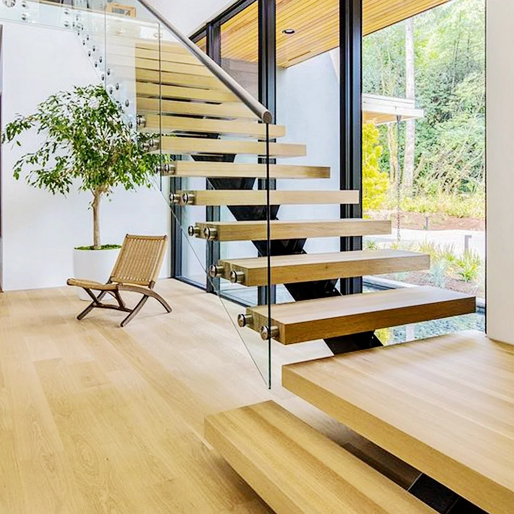 VIKO Modern Mild Steel Mono Stringer Stairs Solid Wood Tread Staircase