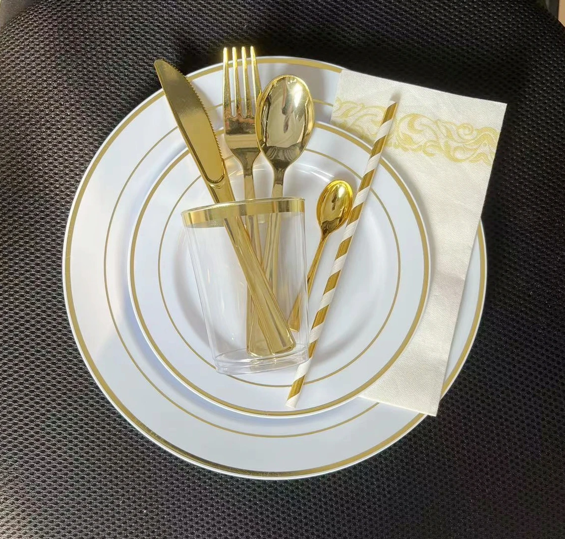 225 Pcs Gold Rim Disposable Plastic Dinnerware Set 25 Guest Dinner Plate,  Dessert Plate, Gold Plastic Silverware, Cup, Straws