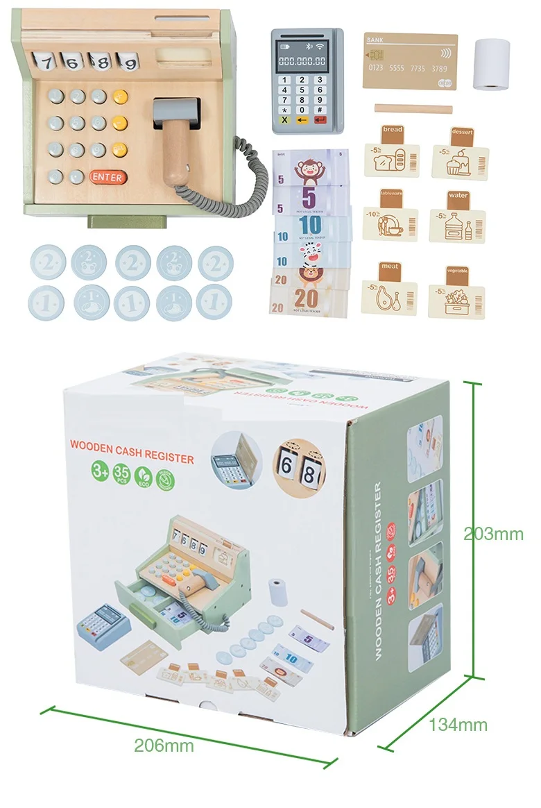 Simulation Pretend Play Cash Calculator Toys Supermarket Wooden Toy Registers for Kids