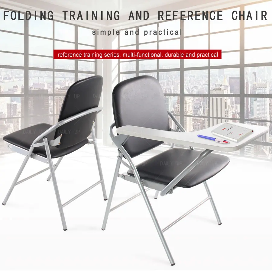 PU Leather padded Seat Folding Chair With Tablet And Book Holder Foldable Office Computer Chair For Meeting Reference Training