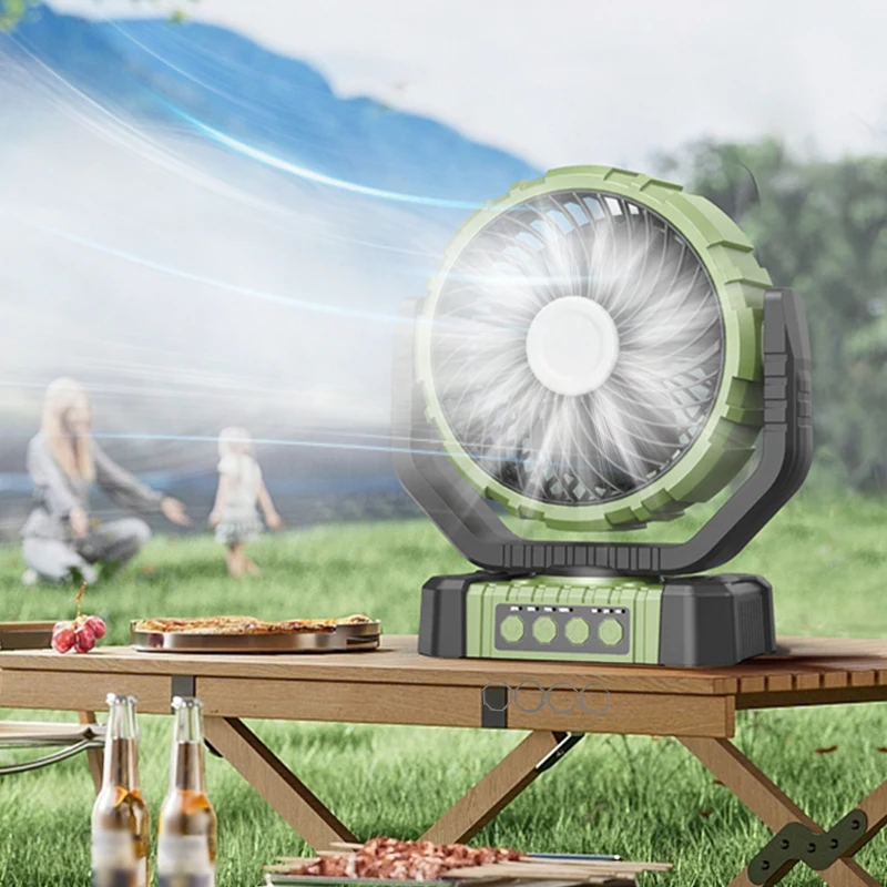 Fan Desk Batiri Electric Portable Outdoor Alailẹgbẹ Portable Rechargeable Fan Camping Pẹlu Led Light