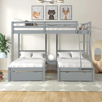 Wood Panel Minimalist Full over Twin  Safety Guardrail Twin Bunk Bed Frame Wood Panel  for 3 Kids with 3 Drawers
