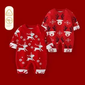 Baby Jumpsuit Winter Warm Knitted Animal Print 100% Cotton Unisex Infants & Toddlers Red