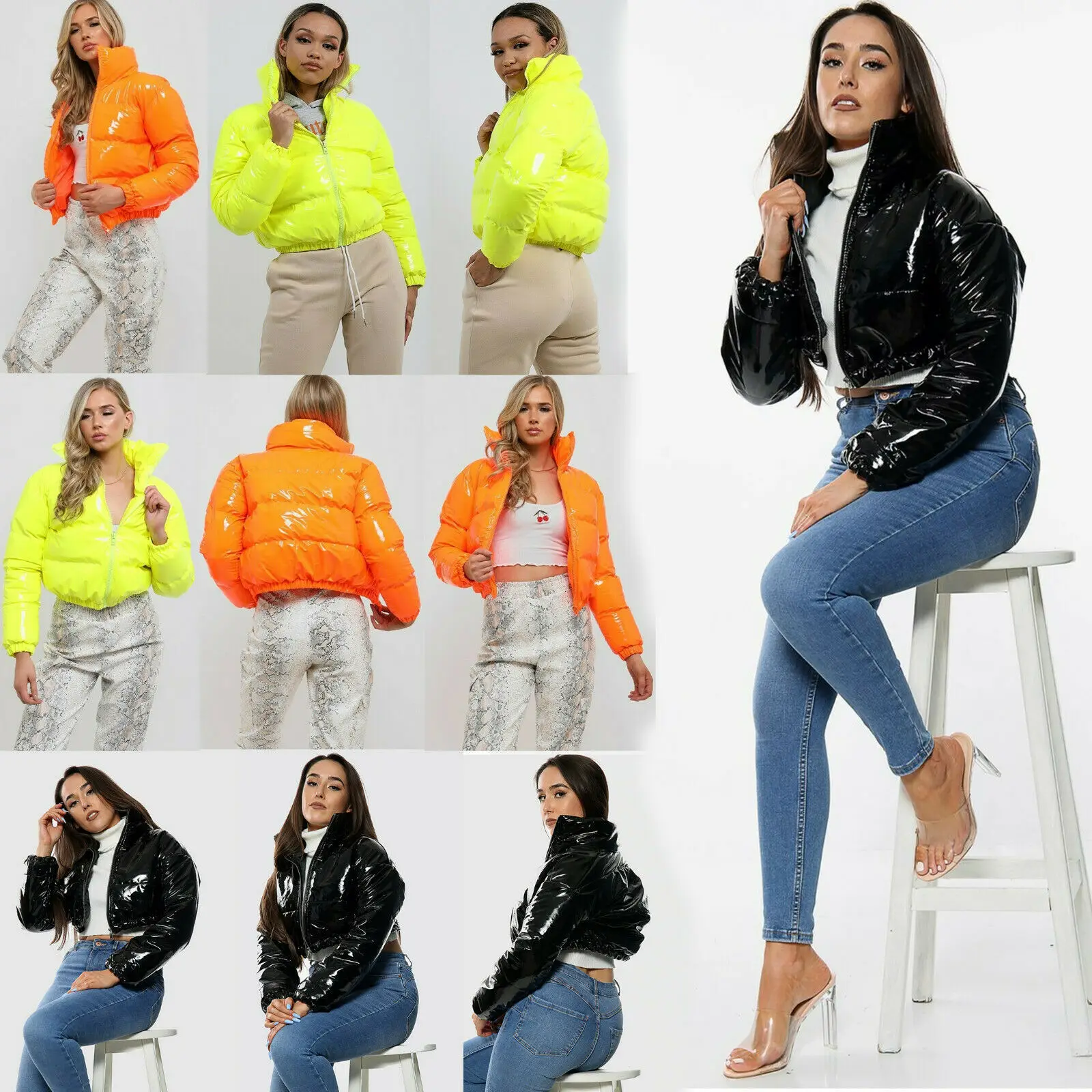 Winter Party Frauen Helle PU Rot Puffer Jacken Warme Puffly Blase Mäntel Shiny Black Ler Cropped Jacken Zipper Parkas Unten