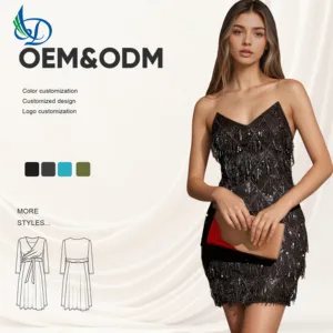 Black Mini Natural V-neck Club Women's Dress Breathable Sleeveless Tassel Evening Dress Summer Sexy