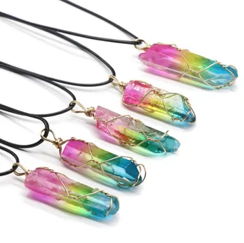 Wholesale natural crystal healing stone aura pillar necklace colorful electroplated crystal point pendant