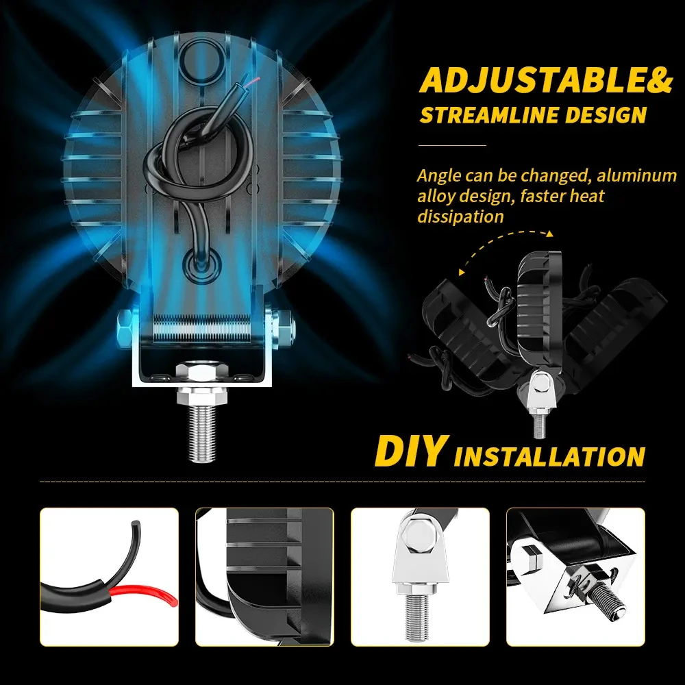 Round 4 Inch LED Work Light 19LED Flood Beam Auto Lighting System for OffRoad Truck 4x4 SUV ATV Boat Tractors