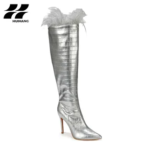 Chic Croc Embossed Leather Women's Knee-High Boots Comfortable Pointed Toe Stiletto Heel for Casual Party Autumn/Winter Footwear