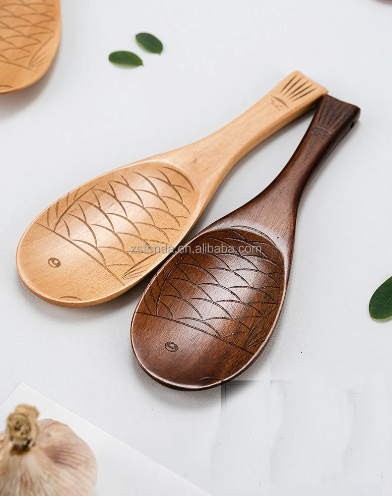LARATH 2 Pieces Wood Rice paddle Non-stick Fish Shaped Rice Spoon Hand-Carved Wooden Service Scoop Shovel Cooking Tableware for Home Kitchen Utensils 