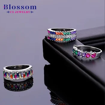 Blossom CS Jewelry Luxury Colorful Cubic Zirconia Fashion Rainbow Gemstone Ring Sterling Silver 925 Fine Jewelry Rings For Women