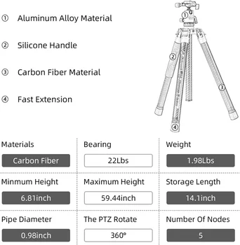 Carbon Fiber Light Stand Tripod 60 Inch Compact Travel Ball Head Tripod 360 Degree Ball Head Professional Camera Stand detail image
