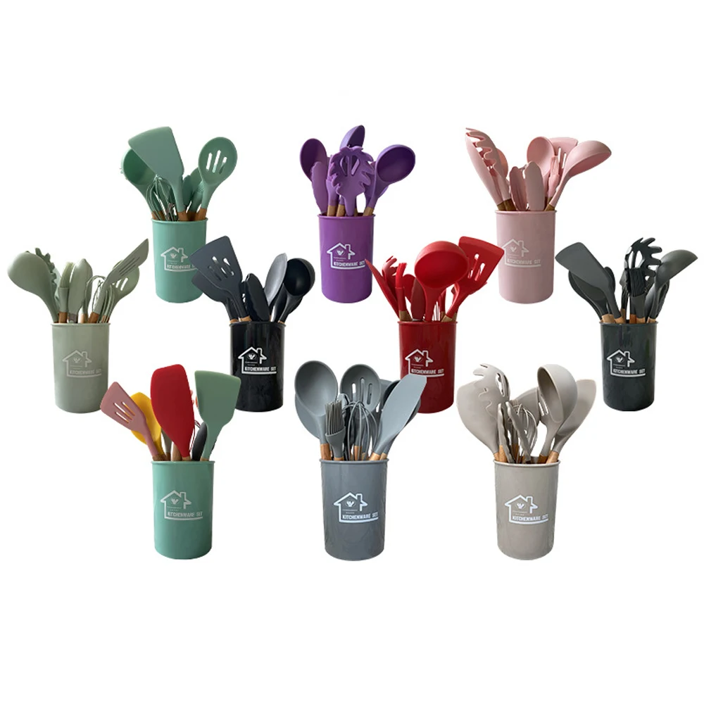 Silicone Cooking Kitchen Utensil Set 12 Pcs Cooking Utensils Set Wooden Handle BPA Free Non Toxic Silicone Turner Tongs